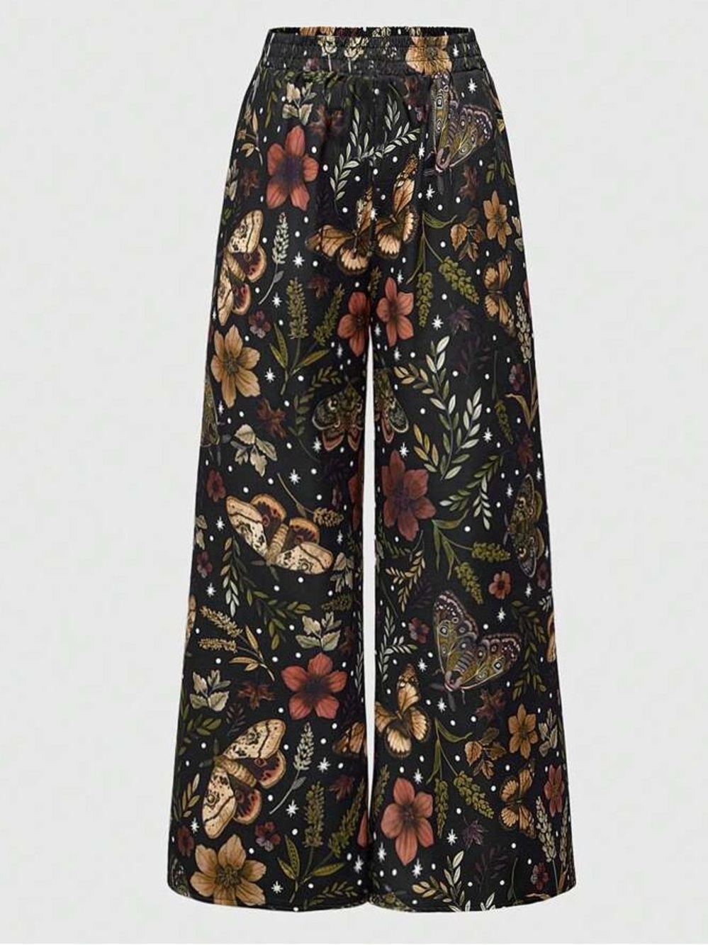 NWT Romwe Butterfly Floral Print Wide Leg Pants Trousers Pull On Palazzo Medium - Picture 2 of 8